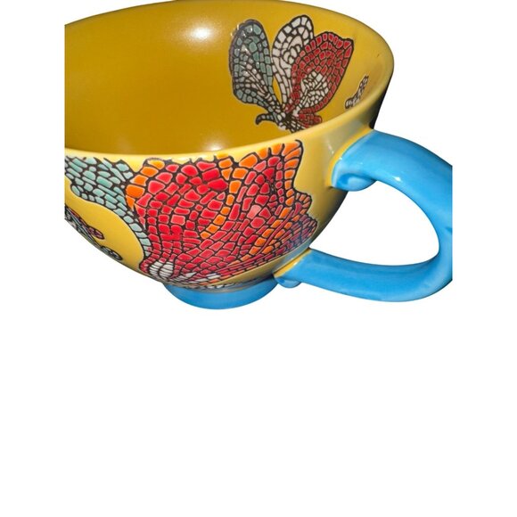 Bright Yellow Butterfly Ceramic Mug With Blue Handle & Mosaic Design - 16 Oz Cap - Picture 4 of 7